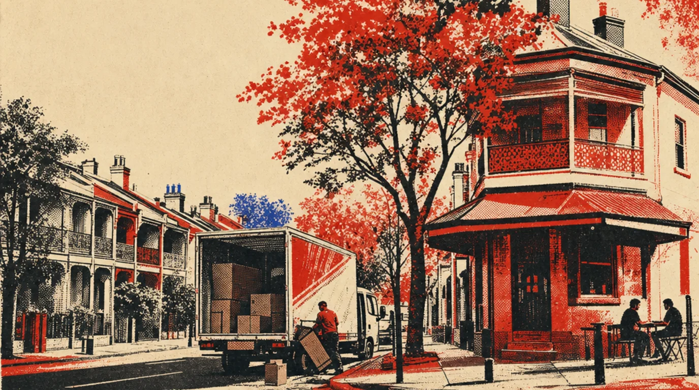 Screenprint of a removal truck working the kerb on a Erskineville street