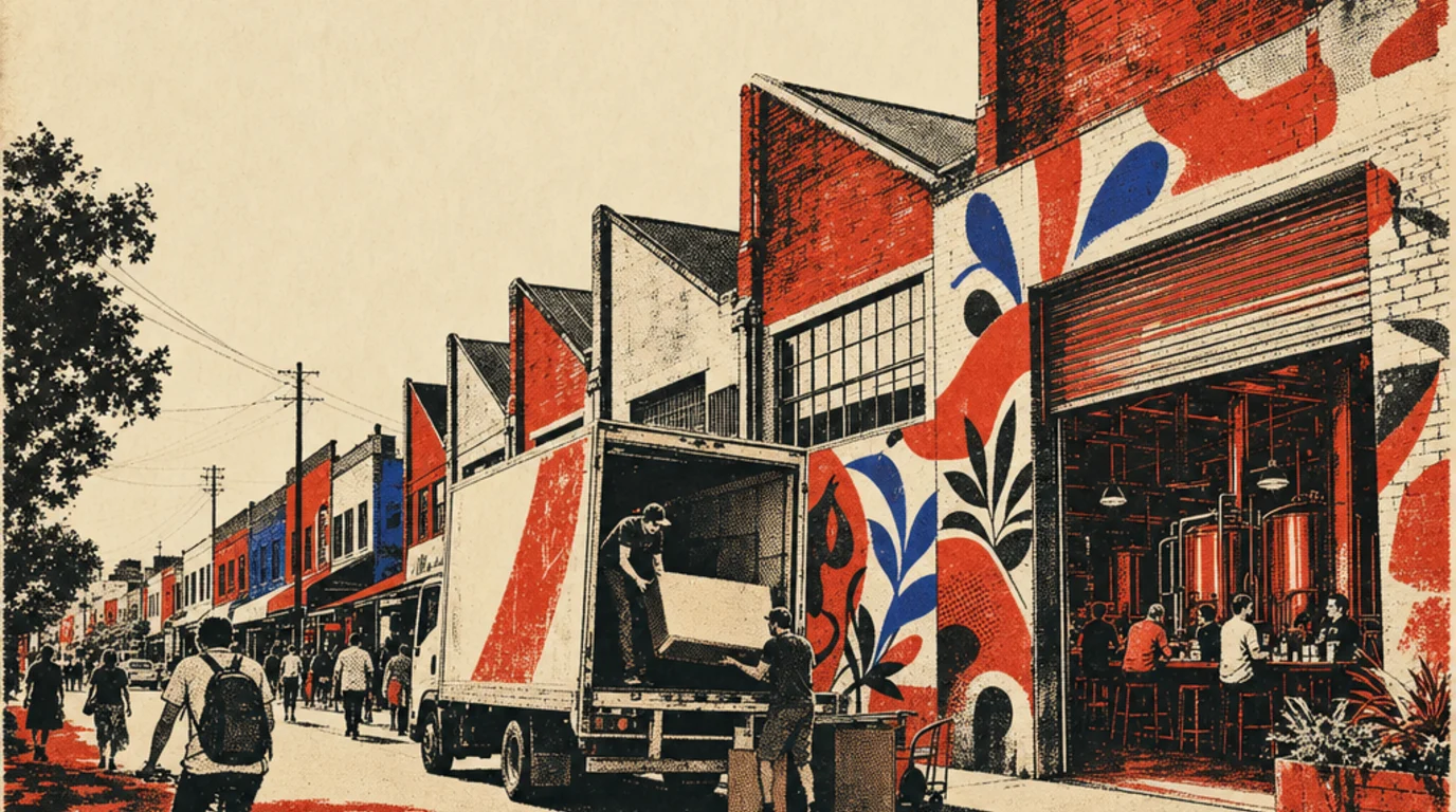 Screenprint of a removal truck working the kerb on a Marrickville street