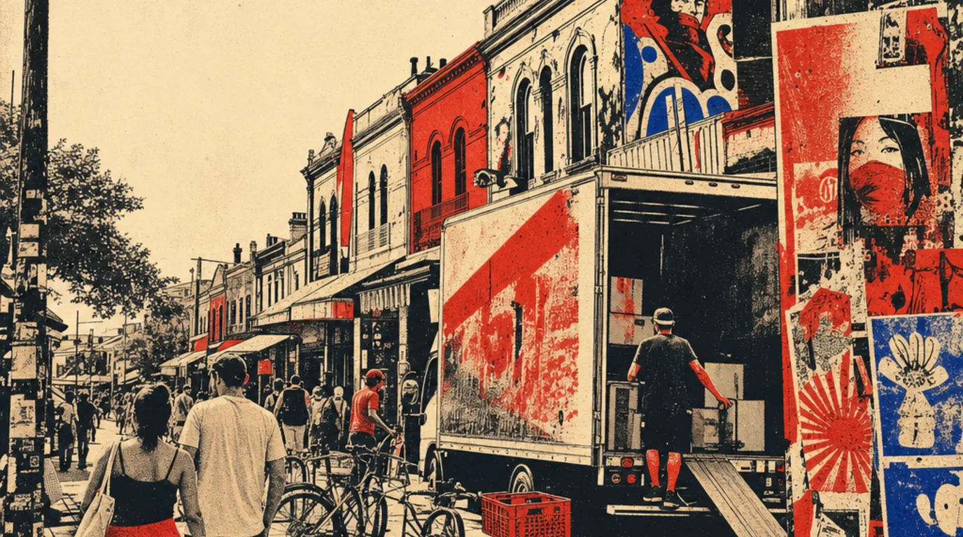 Screenprint of a removal truck working the kerb on a Newtown street