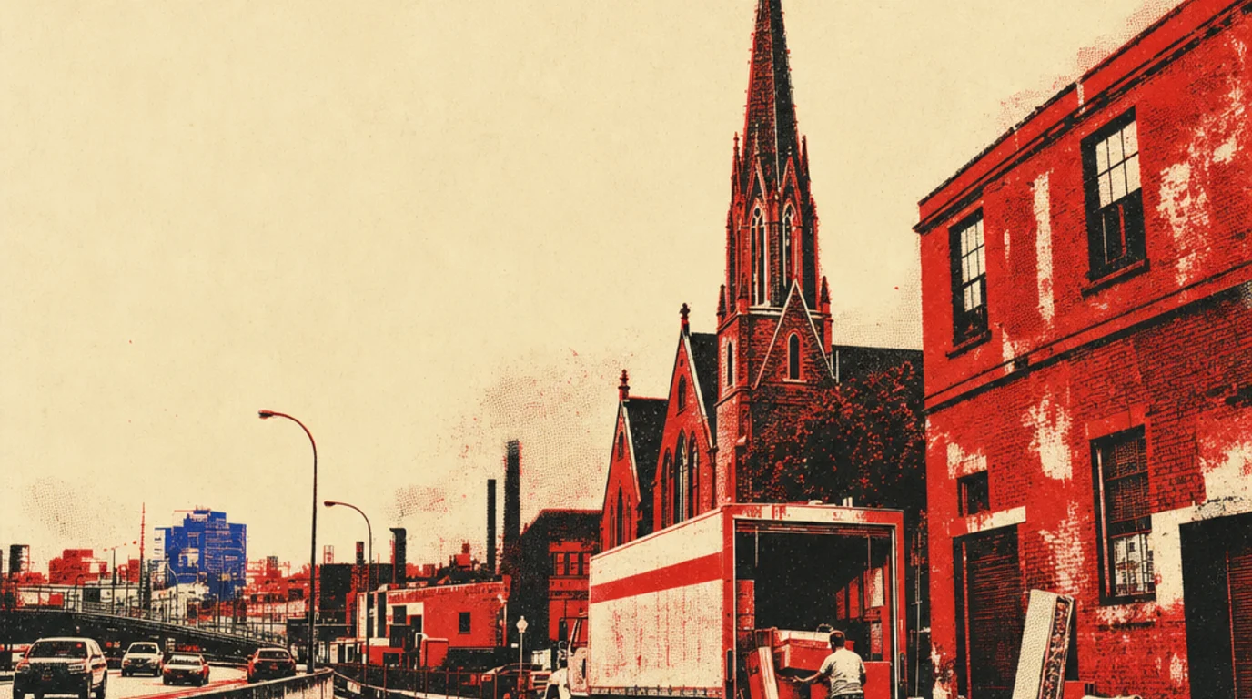 Screenprint of a removal truck working the kerb on a St Peters street