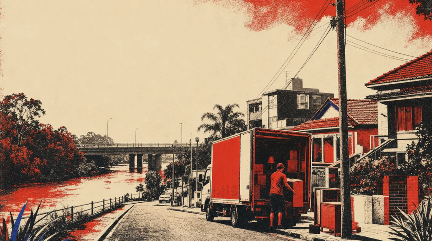 Screenprint of a removal truck working the kerb on a Tempe street